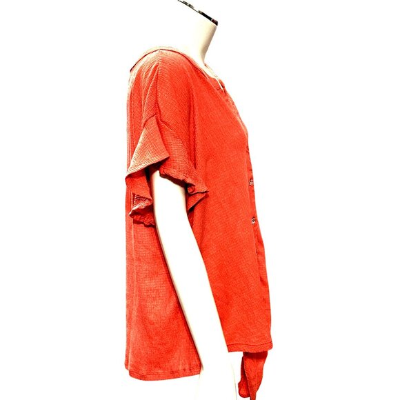 Adrienne Vittadini Coral Red Button Short Sleeve Tie Front Chic Retro Blouse XL - Picture 6 of 12